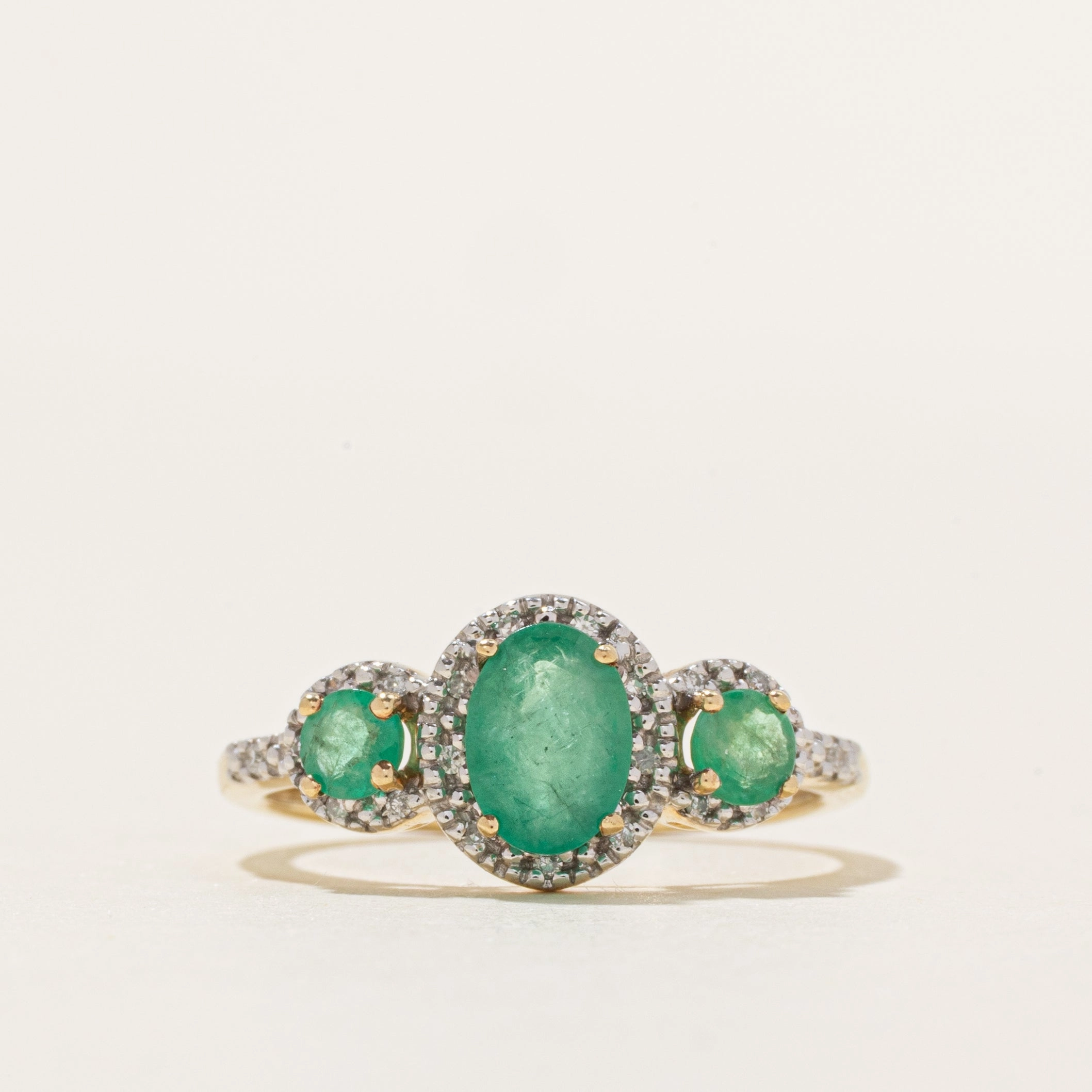 Three Stone Emerald & Diamond Halo Ring | 0.85ctw, 0.06ctw | SZ 7 Refined Layer Dazzling Piece