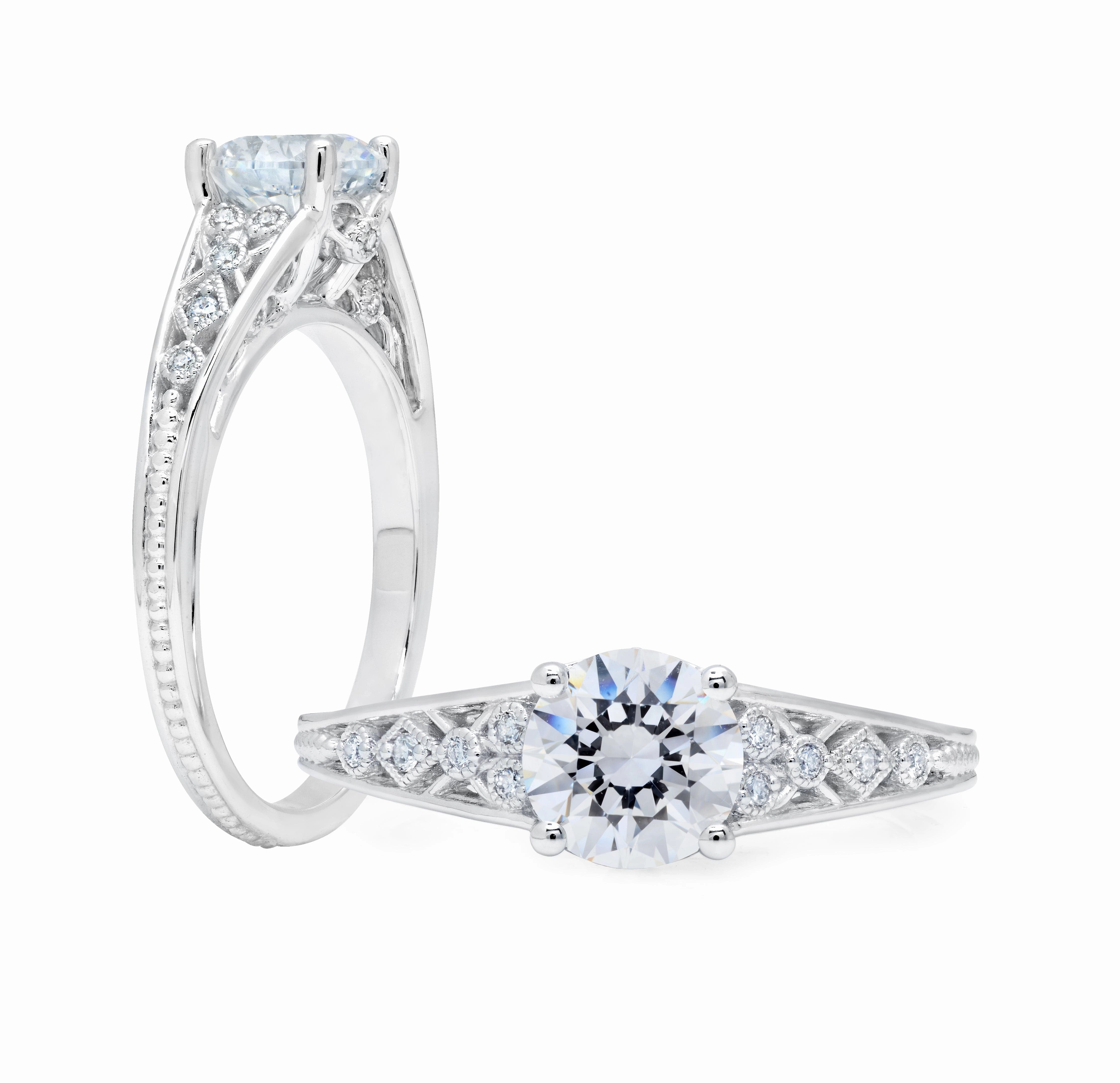 Memorial Gift Peter Storm Round Diamond Milgrained Cathedral Solitaire Engagement Ring