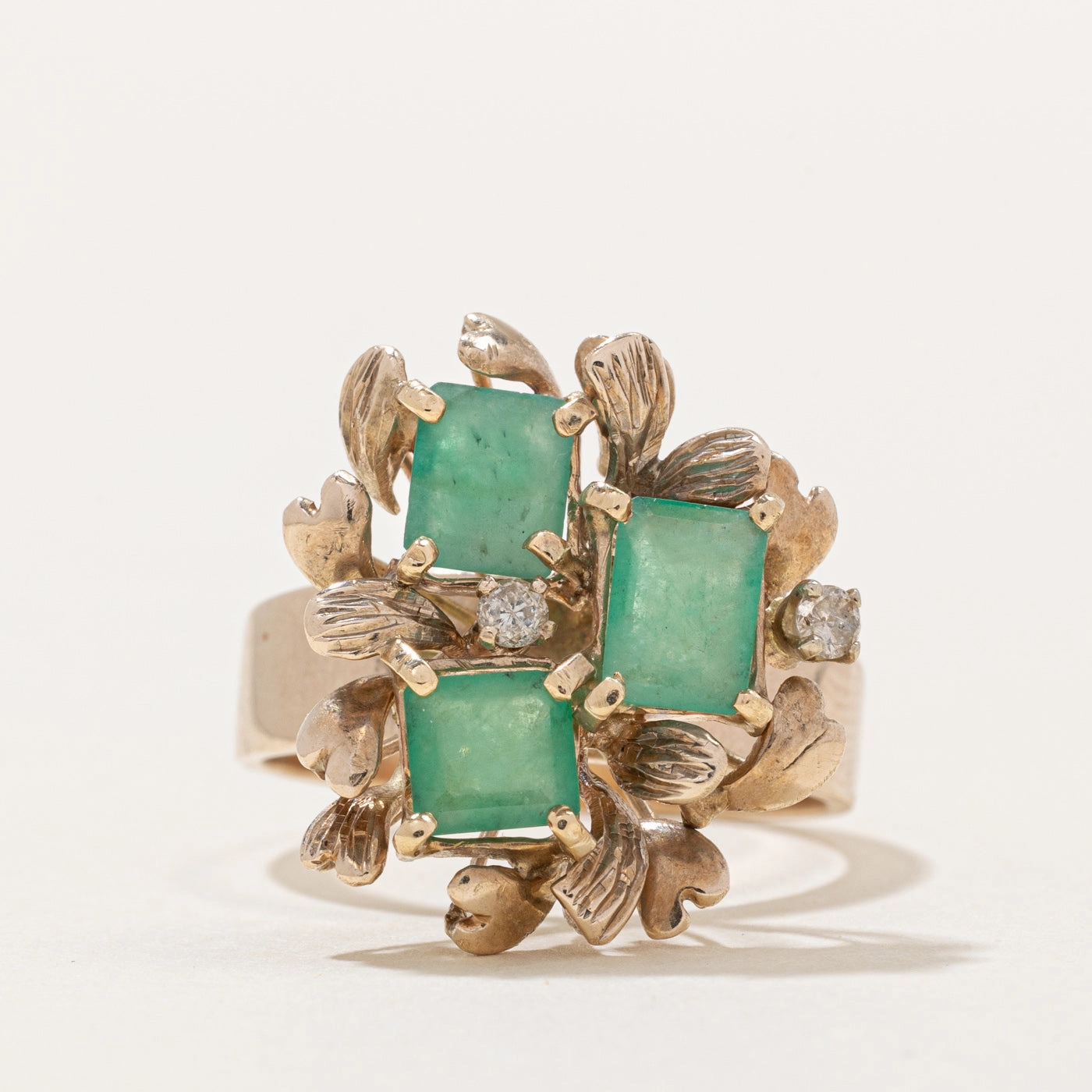 Emerald & Diamond Cocktail Ring | 1.36ctw, 0.08ctw | SZ 7.5 | Handcrafted Highlight