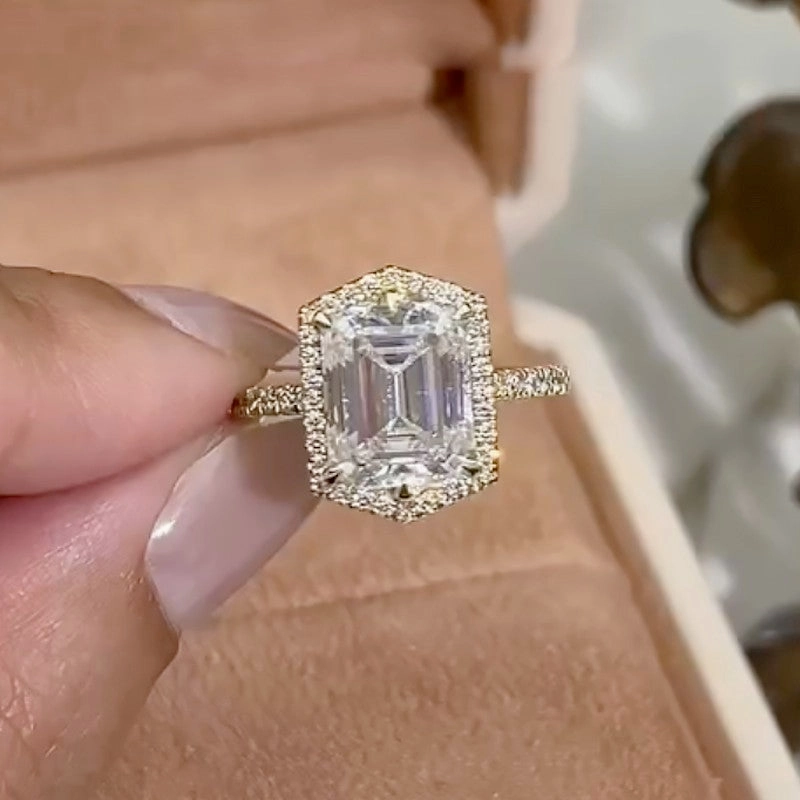 4.0Ct Emerald Cut Halo Engagement Ring Travel Rings In Sterling Silver Chic Pulse Graceful Piece