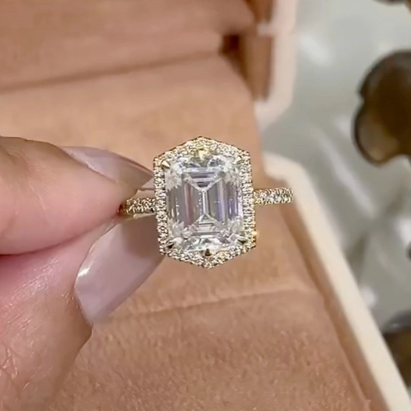 4.0Ct Emerald Cut Halo Engagement Ring Travel Rings In Sterling Silver Luxe Glow