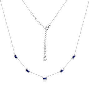 Sterling Silver Rectangular Mother of Pearl/Sapphire CZ Station Necklace Silhouetted Shine Easy Style