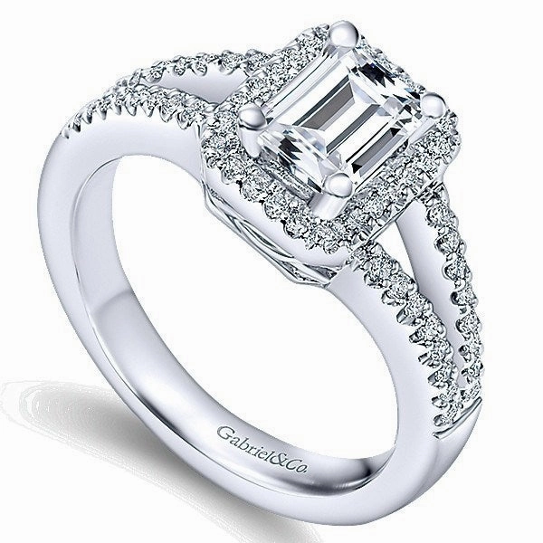 solid color Ornate Accessory Emerald Cut Halo Split Shank Diamond Ring 14K White Gold 338A