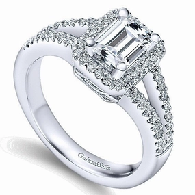 Traditional Insignia Artisan Adornment Emerald Cut Halo Split Shank Diamond Ring 14K White Gold 338A
