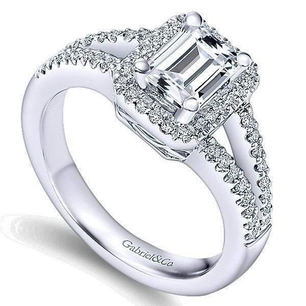 Emerald Cut Halo Split Shank Diamond Ring 14K White Gold 338A Luxury Ornament