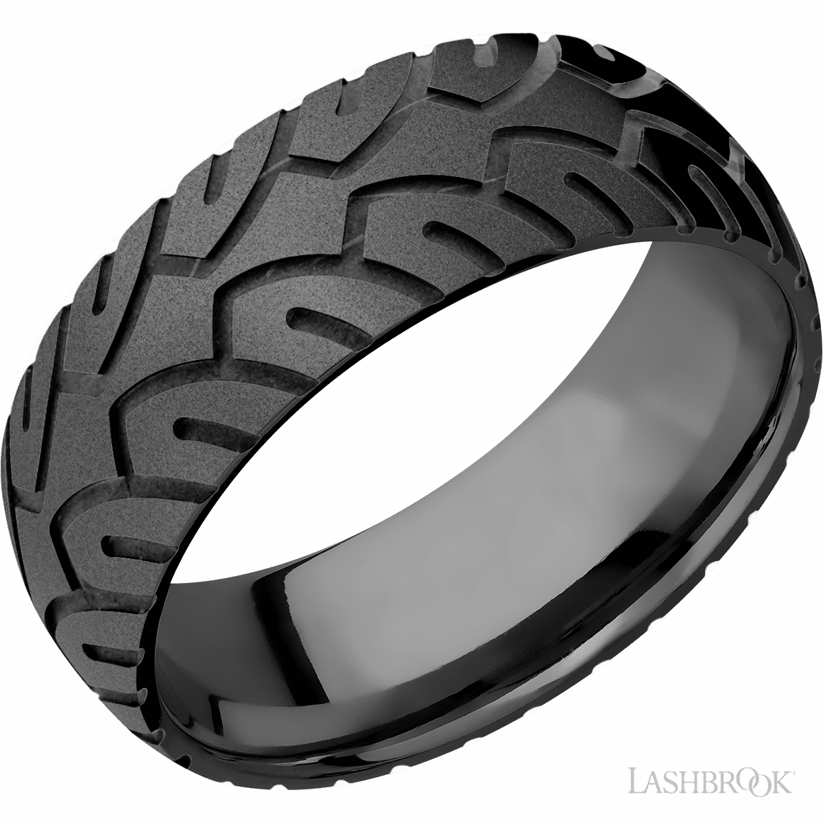 Tire Tread Wedding Band Black Zirconium 8mm Wide Beautiful Art Petite Gift