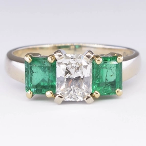Three Stone Emerald and and Canadian Diamond Ring | 1.45ctw, 1.18ct | SZ 8.75 Trendy Texture Glam Vibes