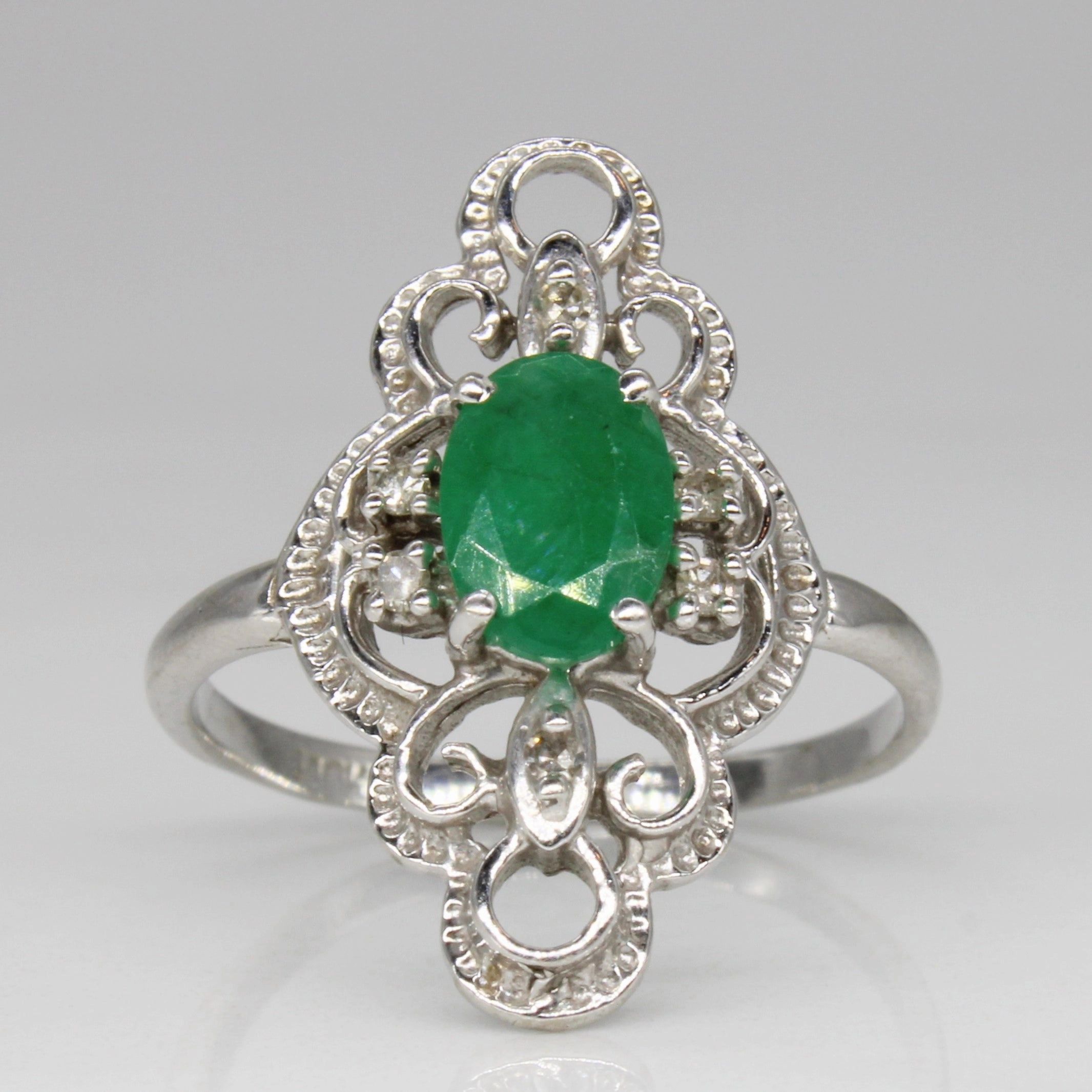 Ornate Emerald & Diamond Ring | 0.65ct, 0.03ctw | SZ 6.25 | Style Focus