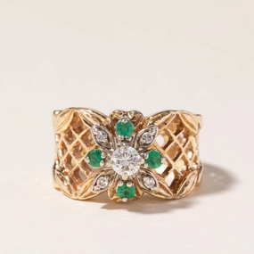 14K Yellow Gold Emerald & Diamond Ring | 0.11ctw, 0.16ctw | SZ 3.5 | Muted Finish