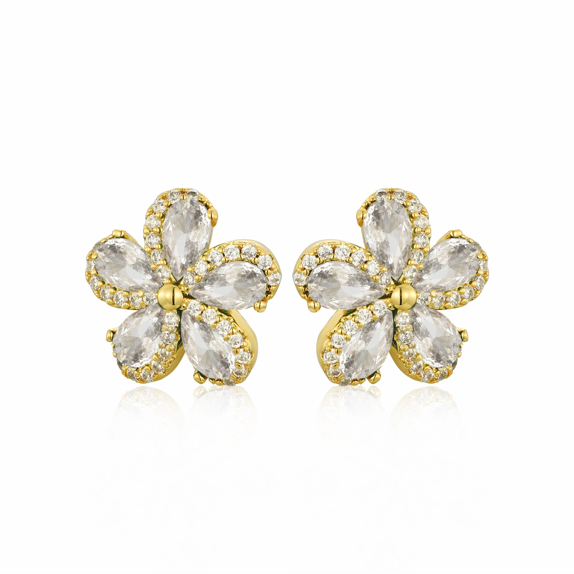 Casual Glow Elegant feature Lil' Empress Gold Plated or Rhodium Plated Surgical Steel 5 Petal Colorful CZ Flower Stud Earrings