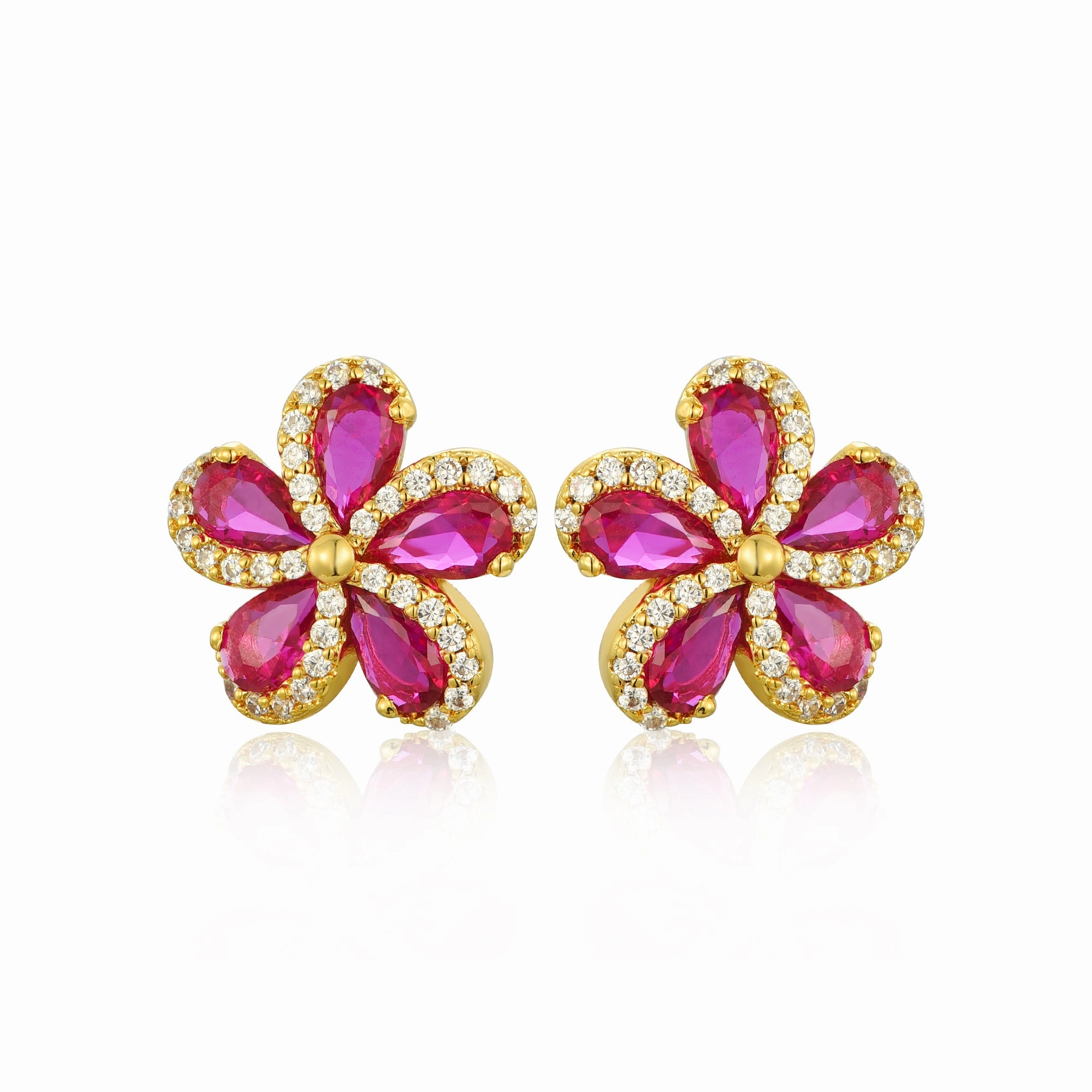 Lil' Empress Gold Plated or Rhodium Plated Surgical Steel 5 Petal Colorful CZ Flower Stud Earrings Modern Flair Shining Sparkle
