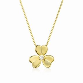 Minimal Aesthetic Iconic look Gold Plated Sterling Silver Three Leaf Flower With Center CZ Necklace