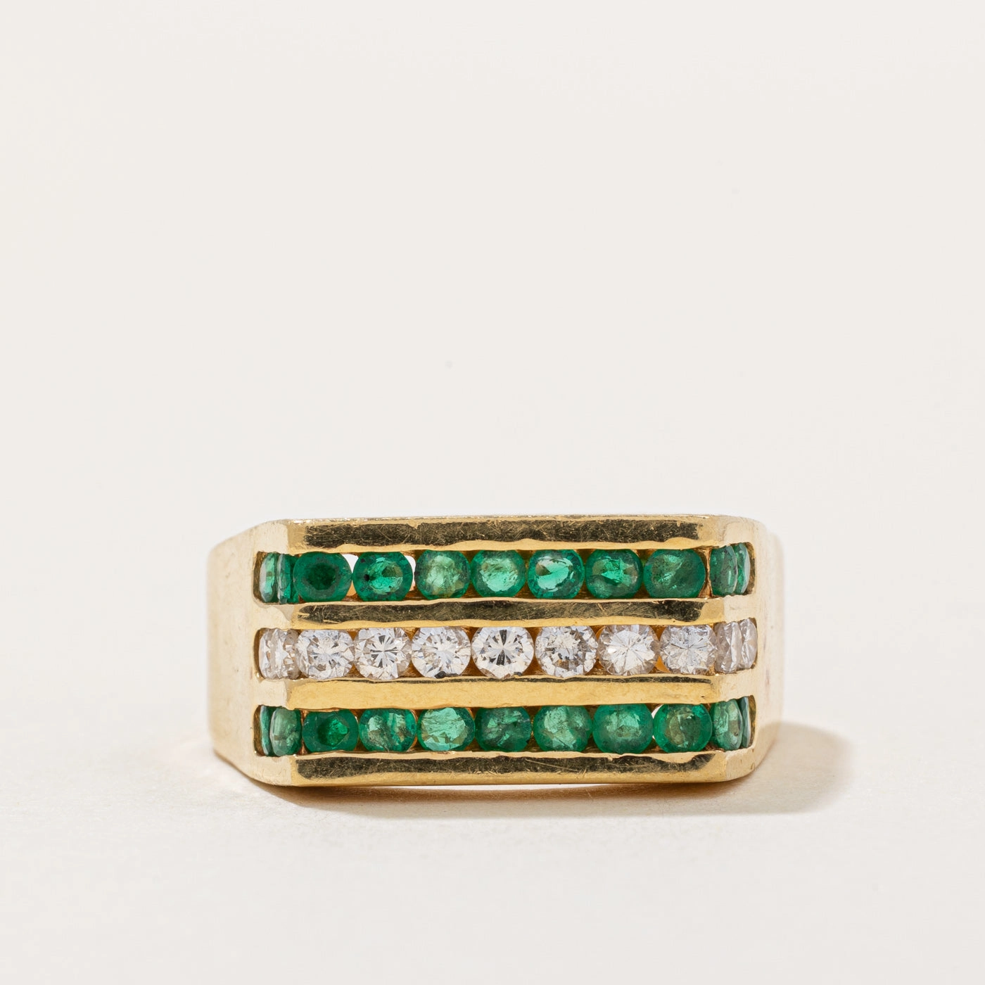 Triple Row Channel Set Emerald & Diamond Ring | 0.56ctw, 0.37ctw | SZ 10.25 | Lifestyle Match