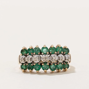 Special Occasion Gift Everyday Design Triple Row Emerald & Diamond Cocktail Ring | 0.84ctw, 0.02ctw | SZ 7.25 |