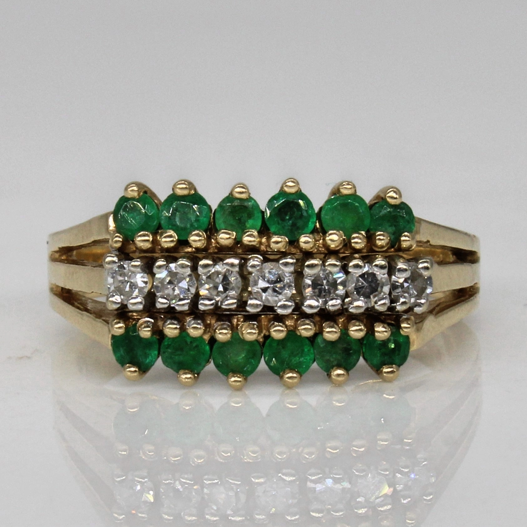 Elegant Fit Triple Row Emerald & Diamond Ring | 0.36ctw, 0.17ctw | SZ 6.5 |