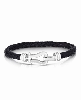 Reliable Mixes Earned Worth Gents Sterling Silver Woven Black Leather Bracelet ith Hook/Snap Lock