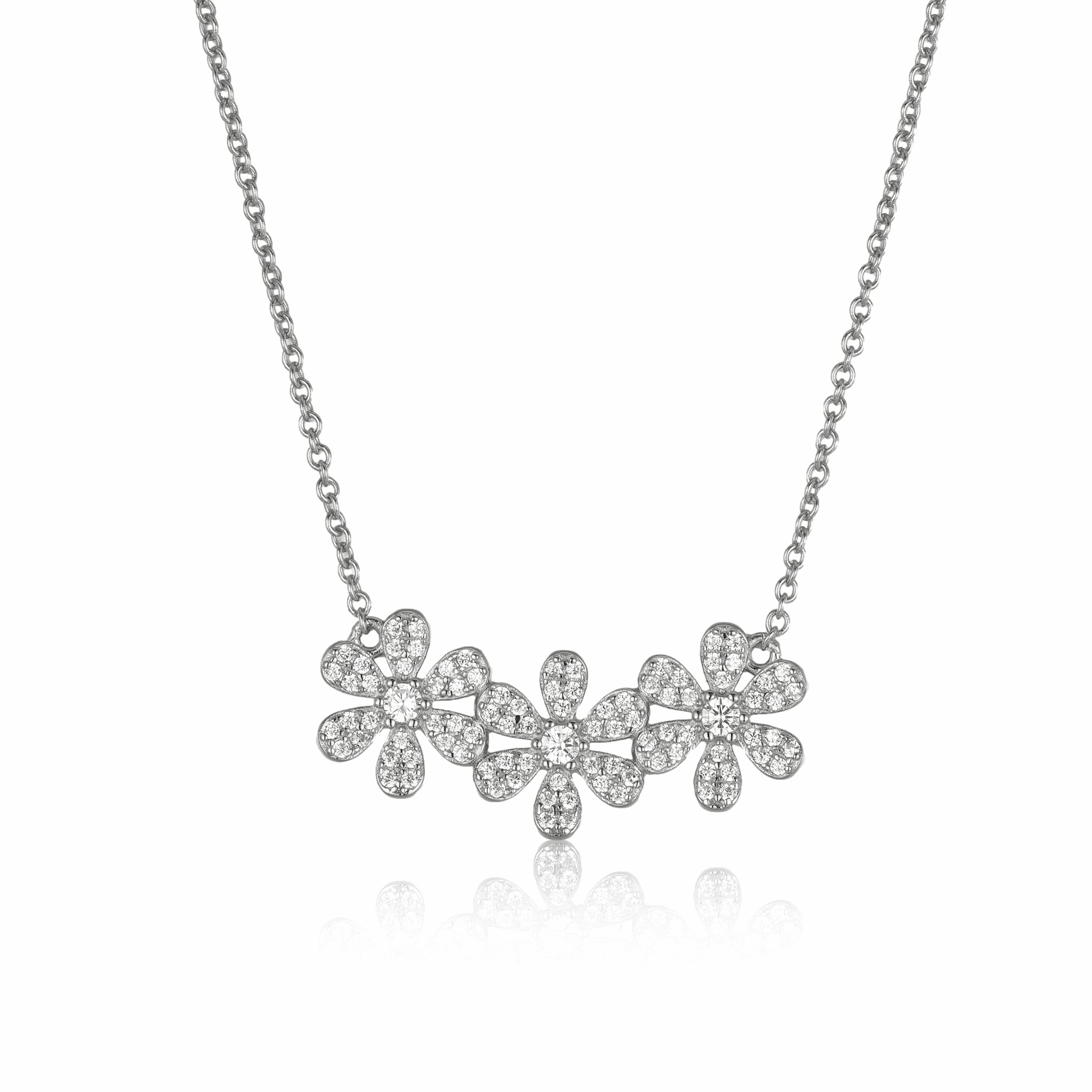 Sterling Silver Micropave CZ Triple Flower Necklace Heritage Style