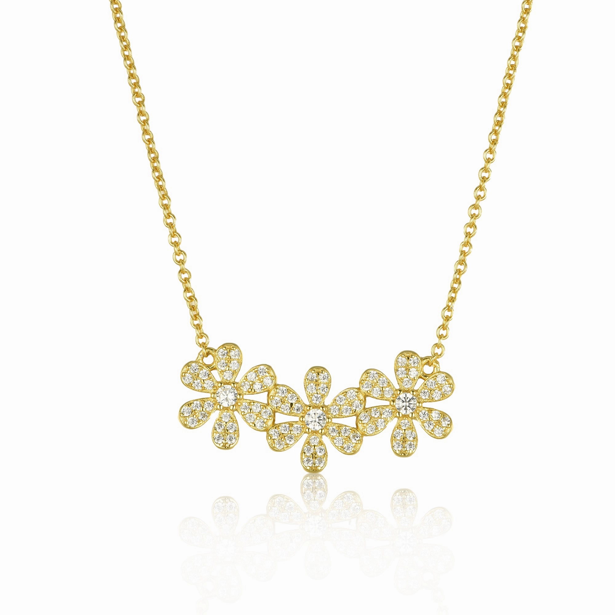 Minimalist Look Romantic Touch Sterling Silver Micropave CZ Triple Flower Necklace