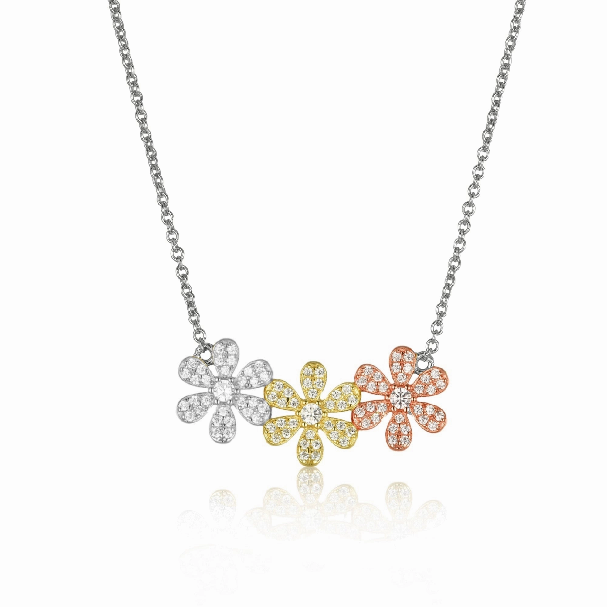 Sterling Silver Micropave CZ Triple Flower Necklace Shimmering Design Soft Detail