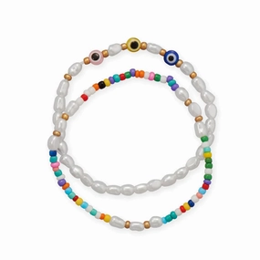 Valentine Token Winter Vibes Evil Eye Stretch Friendship Bracelet Set with Imitation Pearls