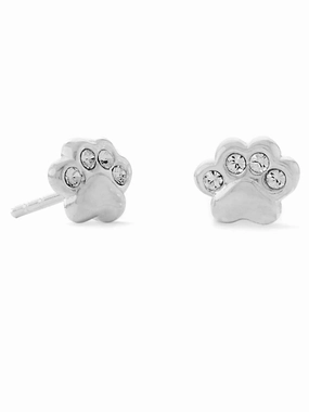 Signature Charm Paw Print Earrings Polished Sterling Silver with Crystals