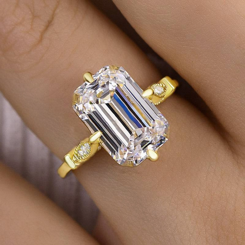 Louily Vintage Yellow Gold Emerald Cut Engagement Ring Distinctive Piece Radiant Embellishments