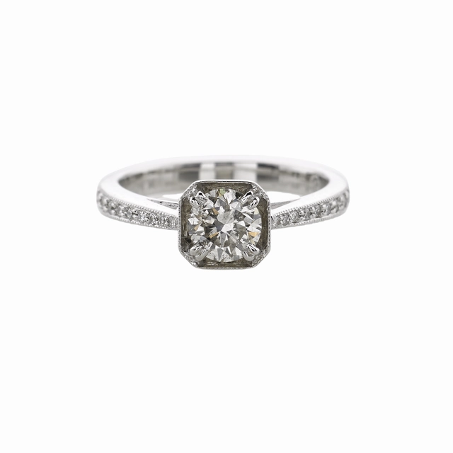 Custom Bauble Sustainable Material 14 Karat White Gold Milgrain Solitaire Engagement Ring (.93cttw)