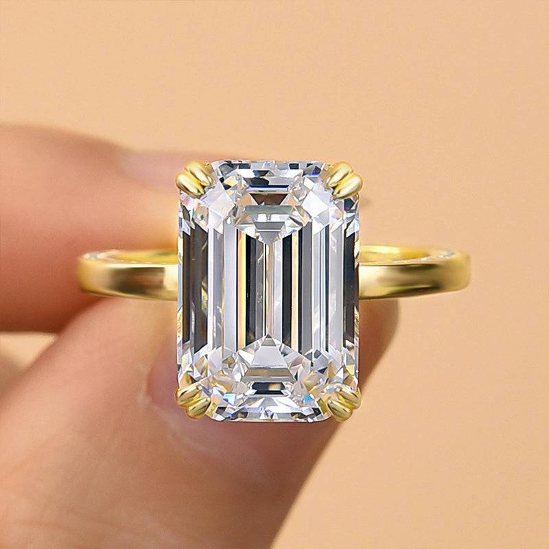 Louily Gorgeous Yellow Gold Emerald Cut Engagement Ring Graceful Accessory Charming Accessories