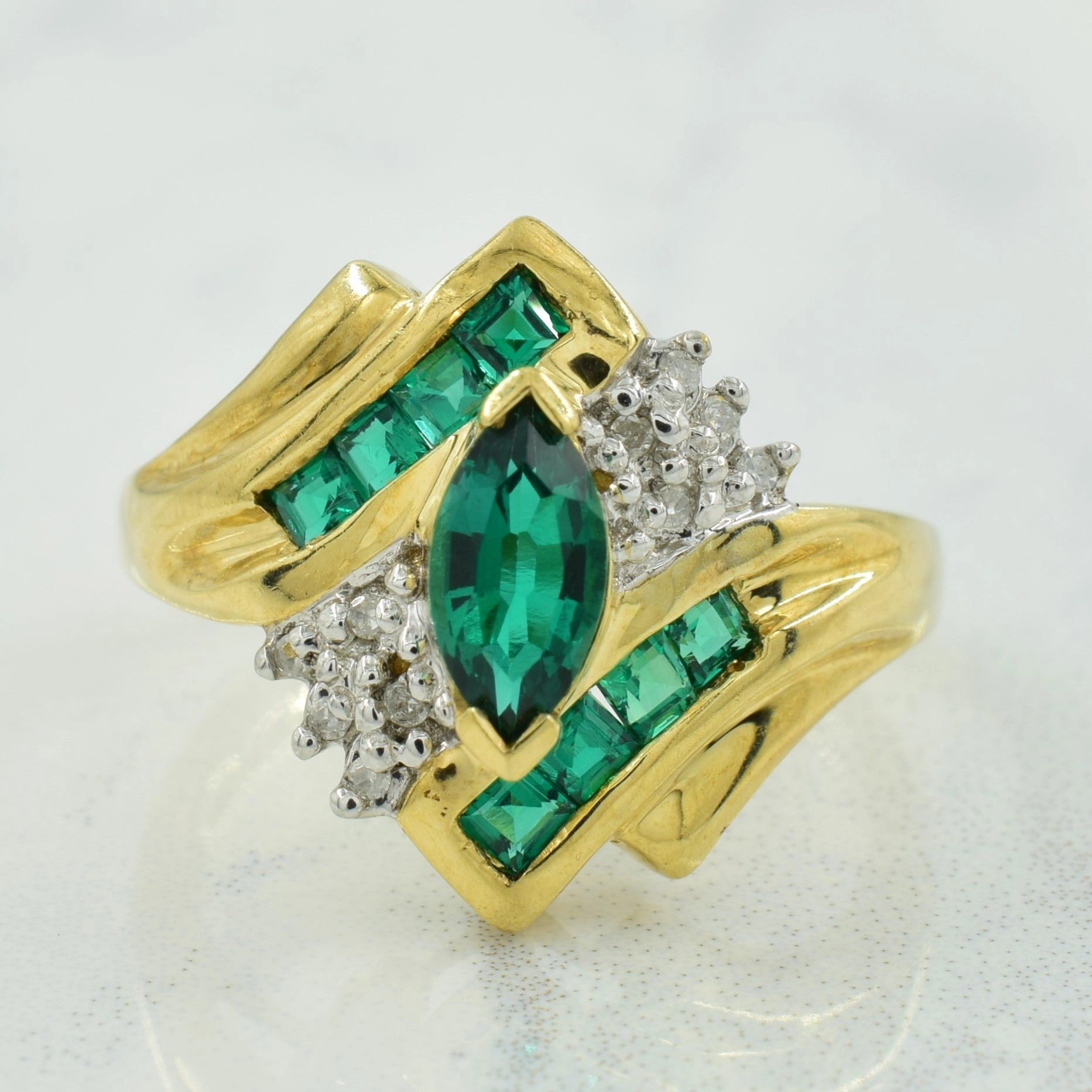 Ethereal Vibe Synthetic Emerald & Diamond Bypass Ring | 0.60ctw, 0.04ctw | SZ 6.75 |