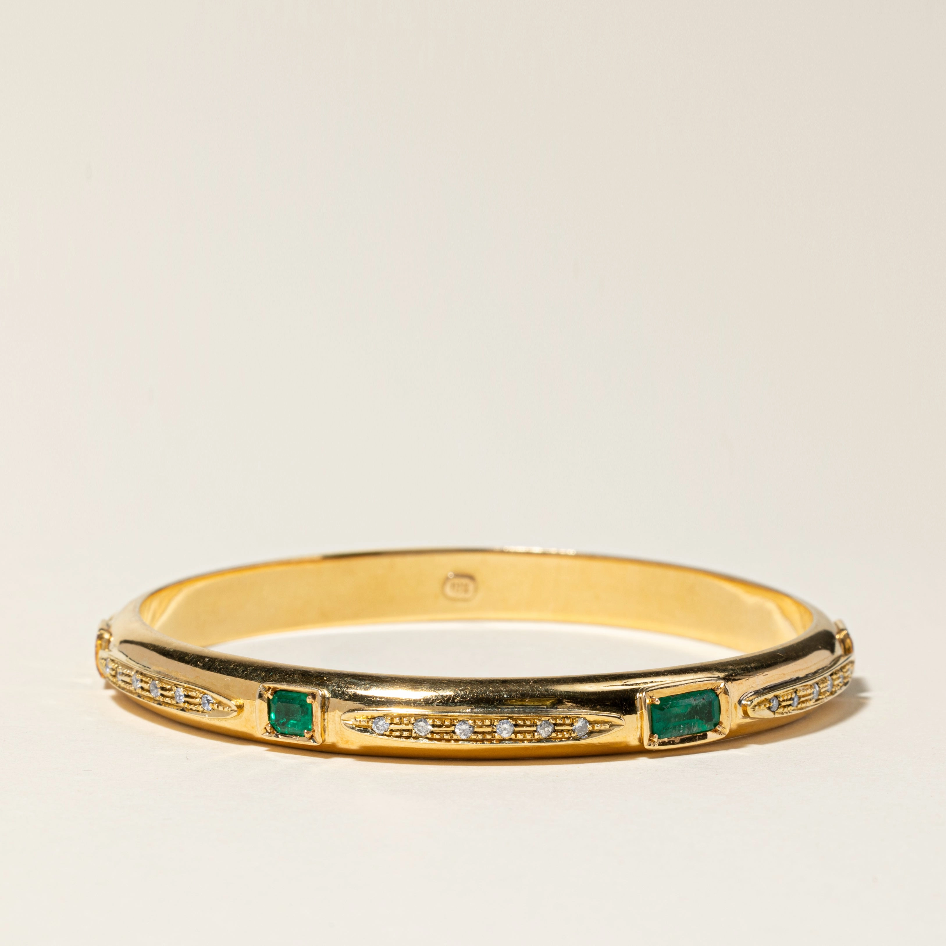 Artisan Craft 18K Yellow Gold Emerald & Diamond Bangle | 0.55ctw, 2.81ctw | 7.75" |