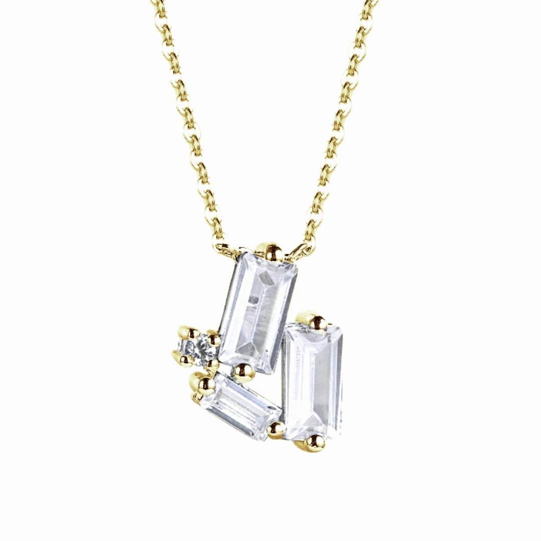 Sterling Silver CZ Baguette Necklace with Round Stone Accents Smooth Shine