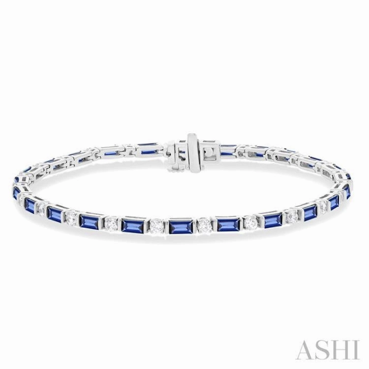4X2 MM Baguette Cut Sapphire and 1 1/10 Ctw Art Deco Round Cut Diamond Precious Bracelet in 14K White Gold Unfettered Composites