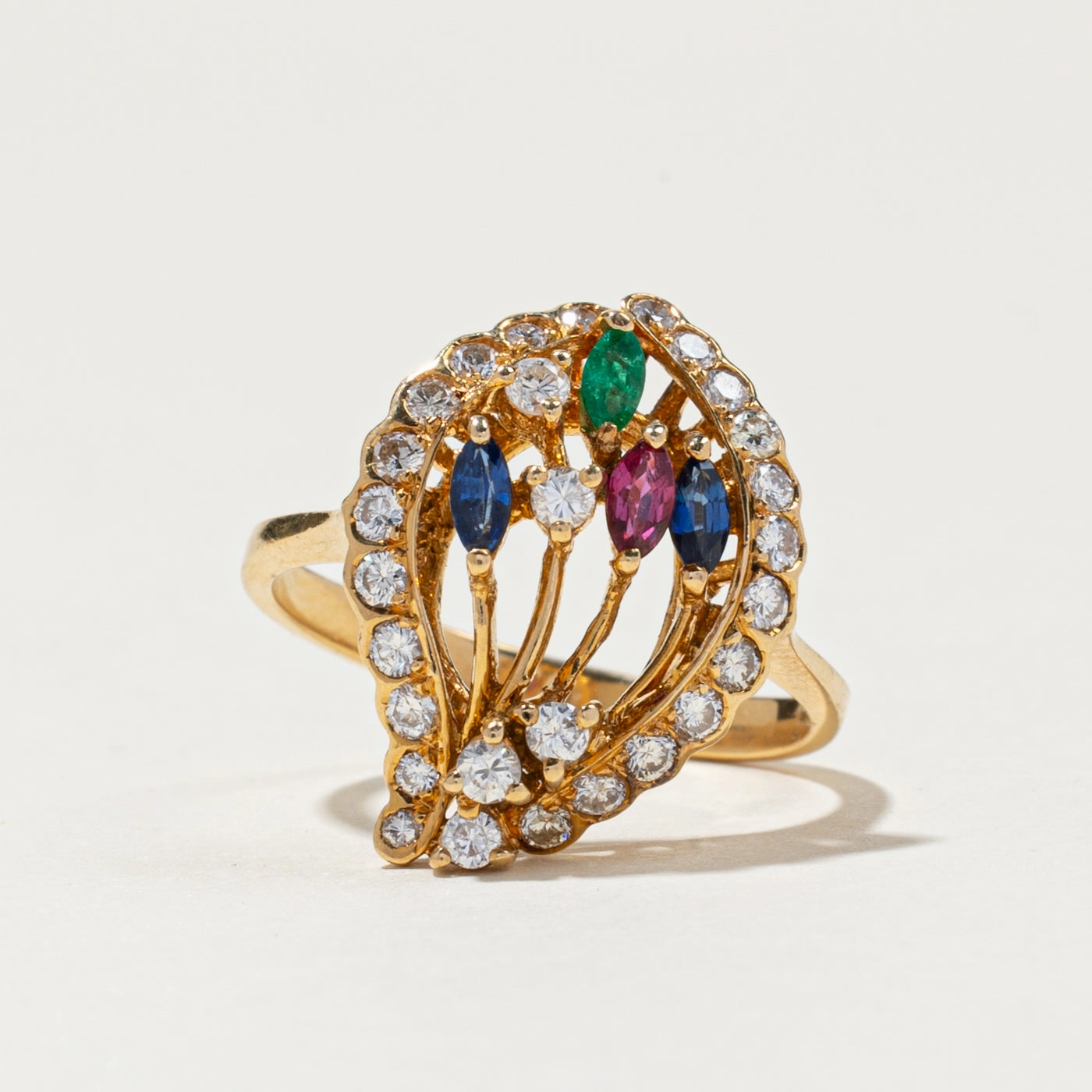 18K Multi Gemstone & Diamond Cocktail Ring | 0.34ctw, 0.66ctw | SZ 6.5 Anniversary Gift Vintage Detail