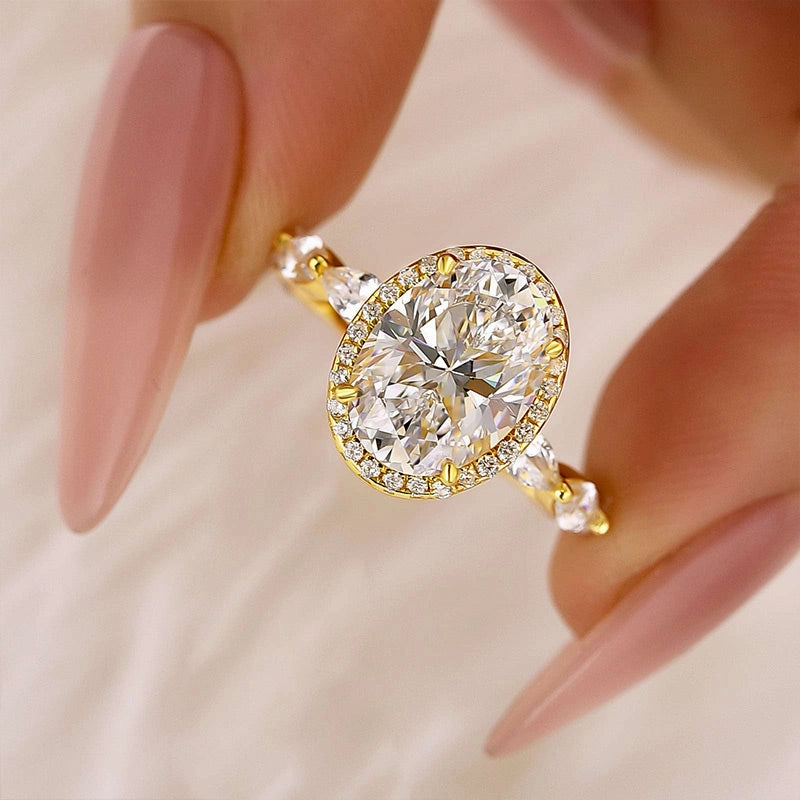 3.0Ct Halo Oval Cut Yellow Gold Promise Ring Engagement Ring For Her Eye-Catching Craft