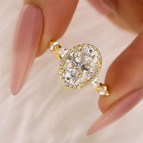 Simple Accent Minimal Glow 3.0Ct Halo Oval Cut Yellow Gold Promise Ring Engagement Ring For Her