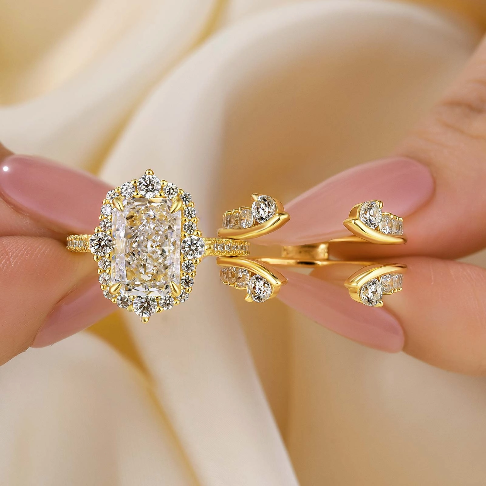 Refined Piece Vintage 3.5Ct Halo Radian Cut Insert Wedding Ring With Engagement Ring Enhancer