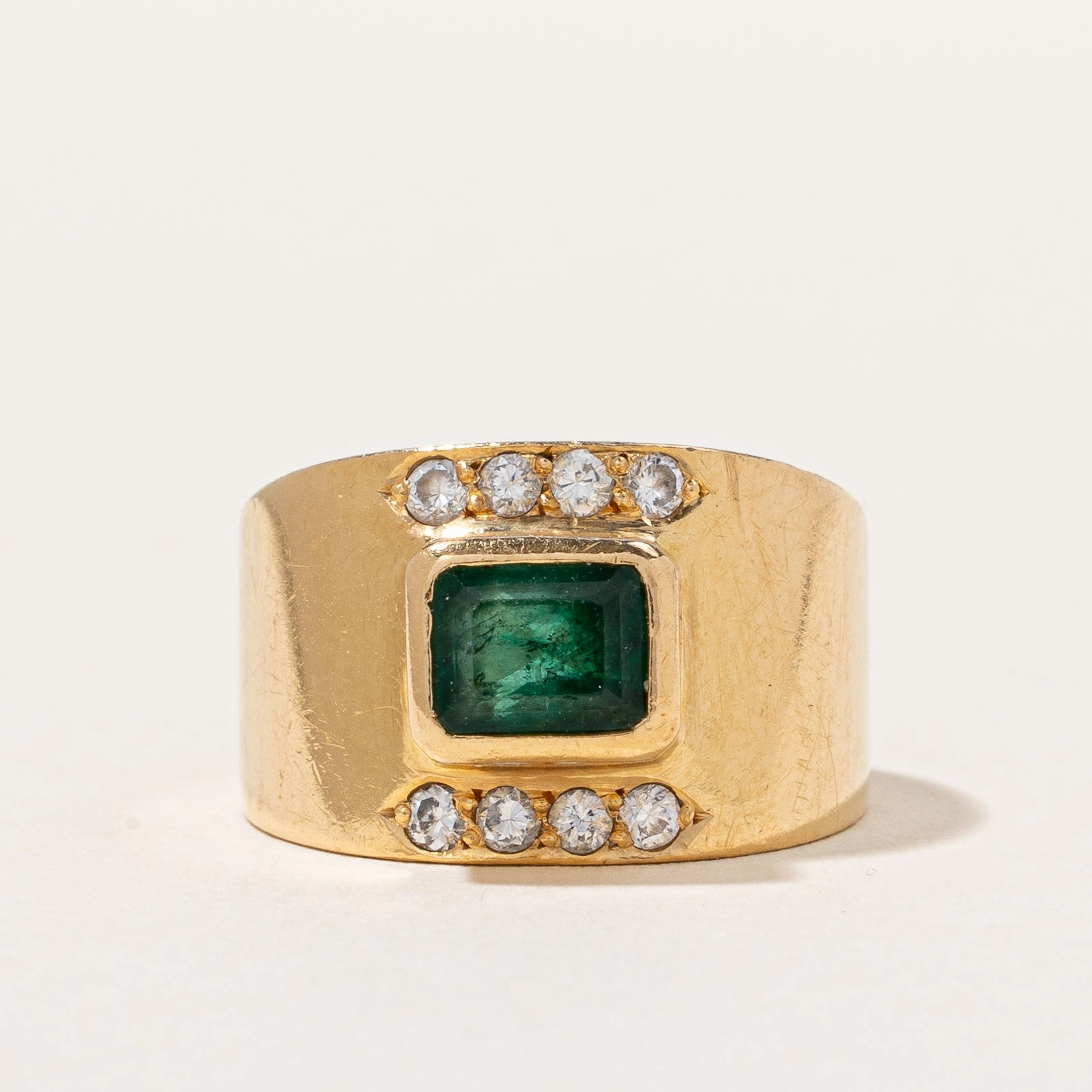 Vintage Bezel Set Emerald & Diamond Ring | 0.16ctw, 1.12ct | SZ 5 | Distinctive Touch Pieces Elegant Snap