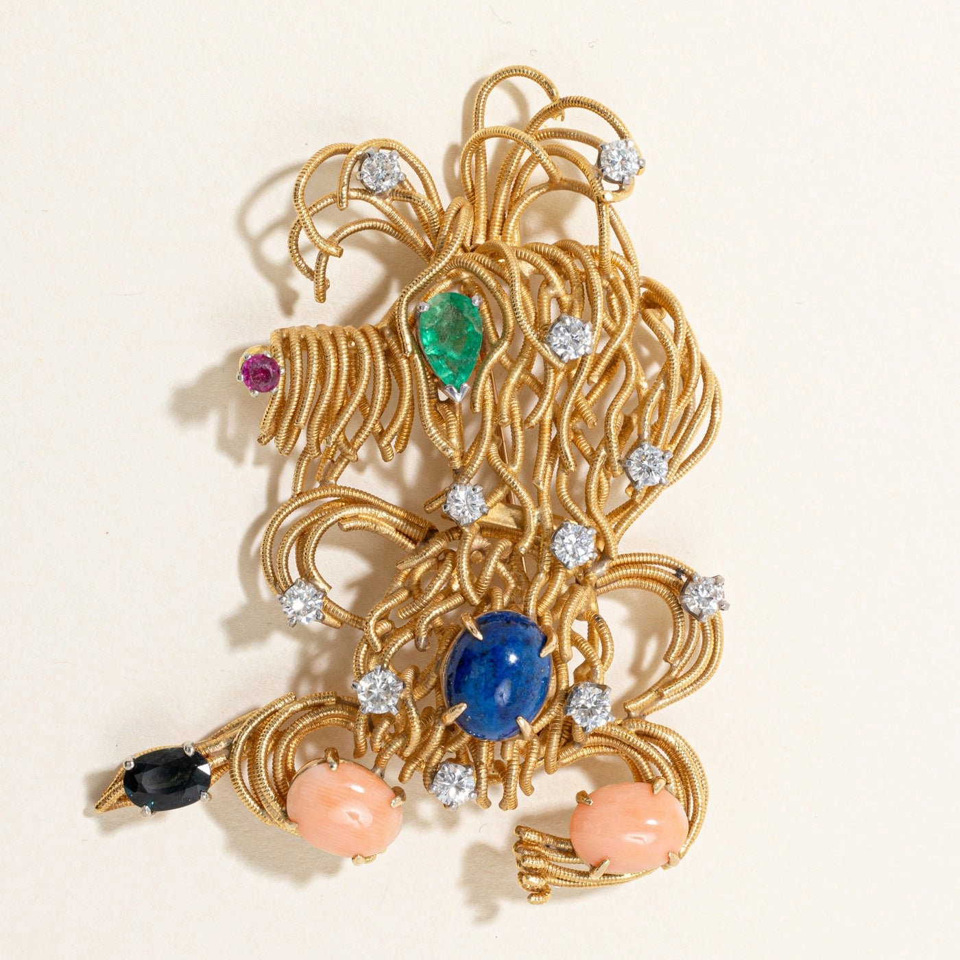 Vintage Emerald, Sapphire, Opal, Diamond Multi Gems Dog Brooch | 6.70ctw | Glam Vibes Graceful Contour