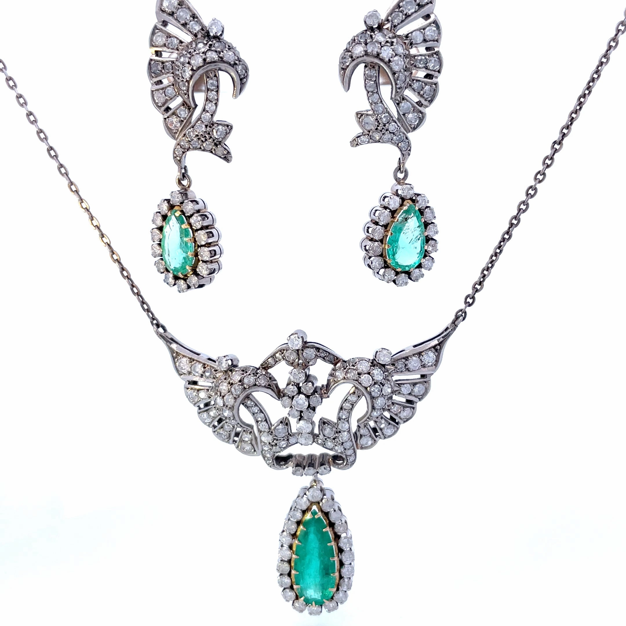 Classic Lines Luxury Set Vintage Hand Fabricated Emerald and Diamond Jewelry Set | 5.80ctw Emeralds, 7.70ctw Diamonds | 18" |