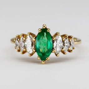 Bridal Choice Texture Highlight Vintage Marquis Emerald and Diamond Ring | SZ 7.5