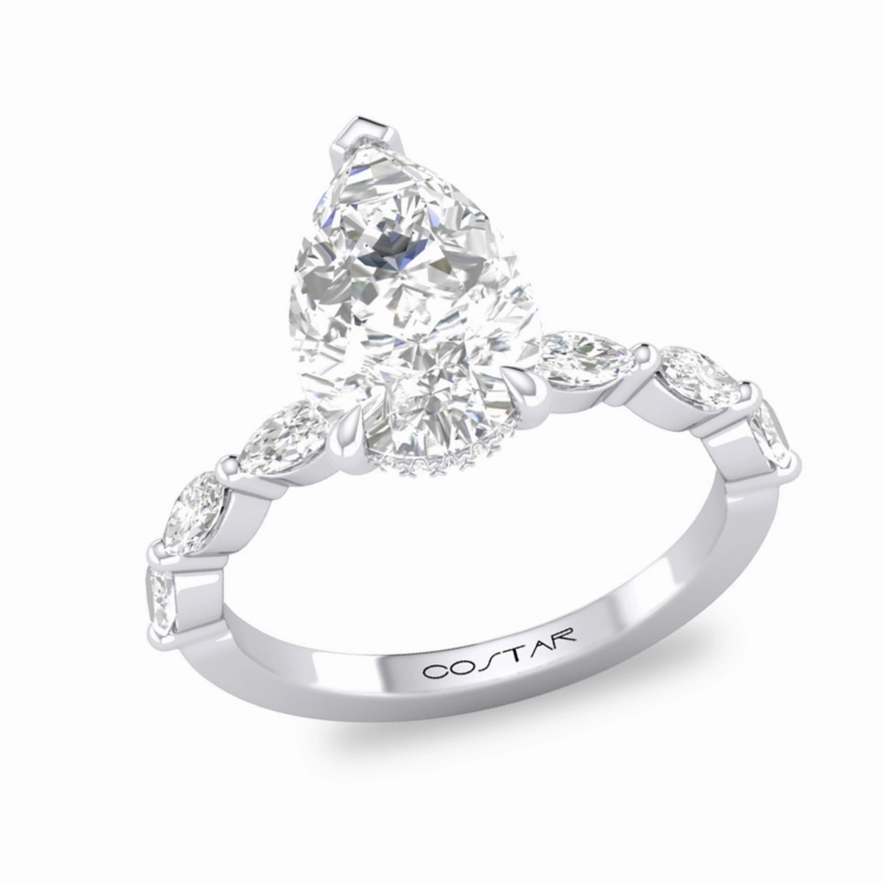 14K White Gold 3Ct. Pear and Marquise Diamond Hidden Halo Engagement Ring Traditional Token Superior Jewelry
