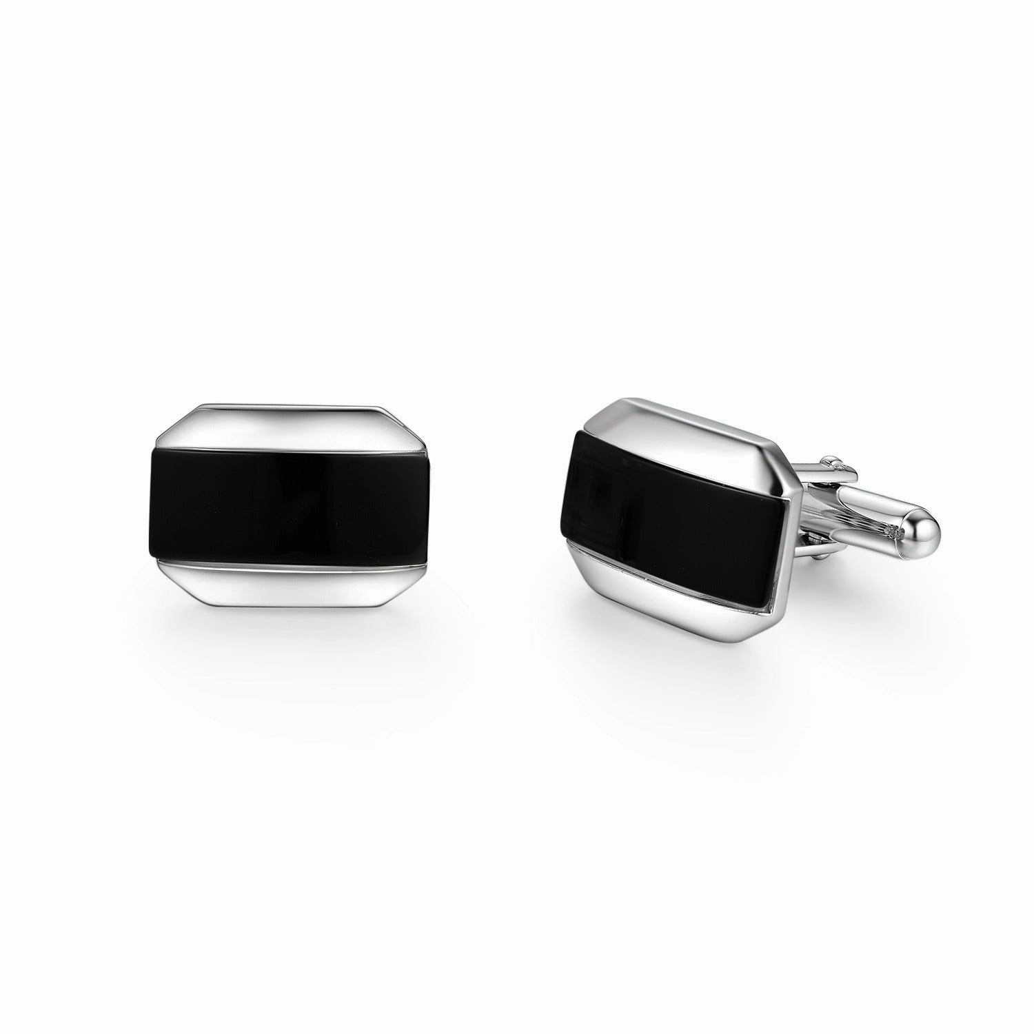 Rhodium Plated Sterling Silver Mother of Pearl/Black Onyx and Rectangular Cufflinks Subtle Elegance