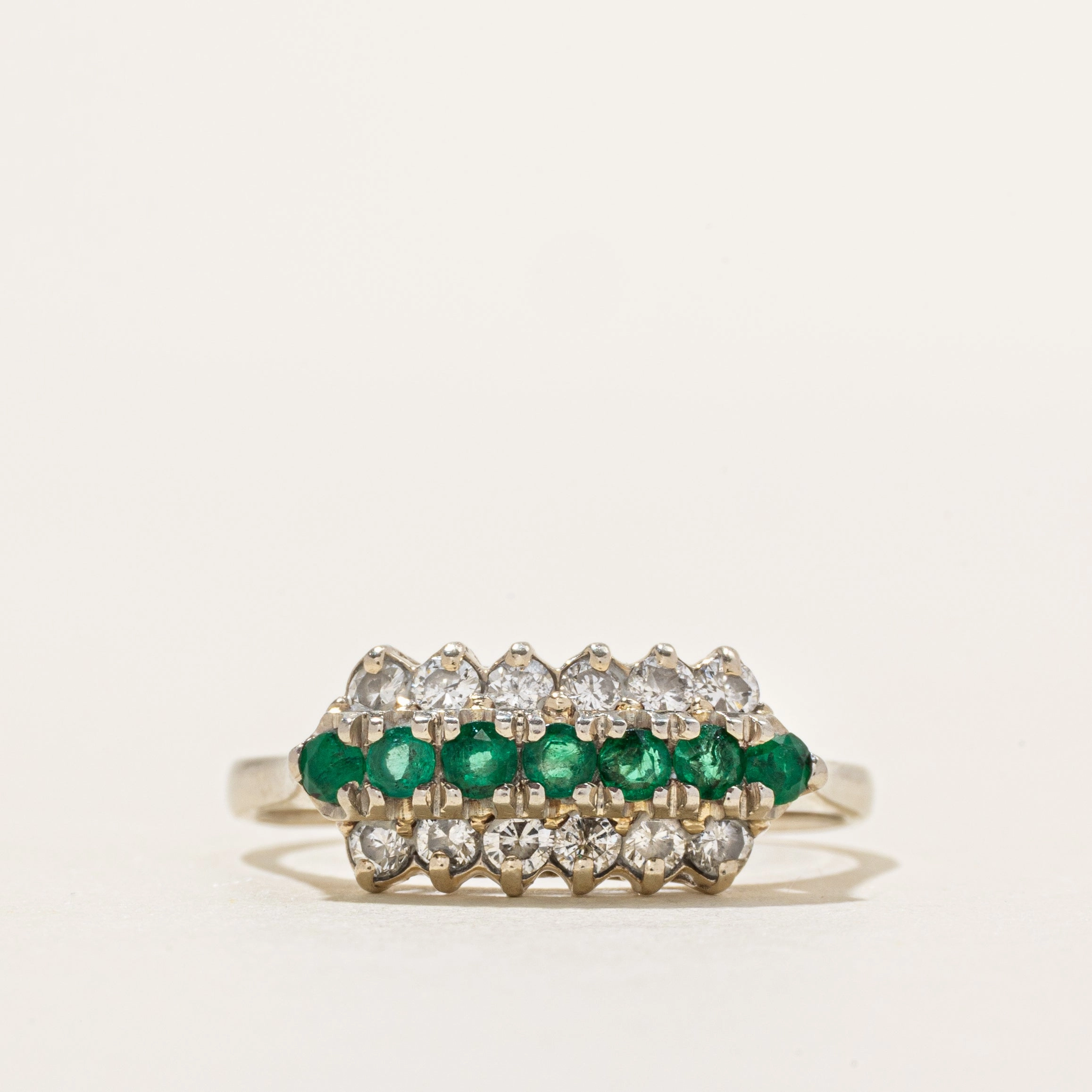 White Gold Multi Row Emerald & Diamond Ring | 0.28ctw, 0.29ctw | SZ 9 Elegant feature Elegant Gift