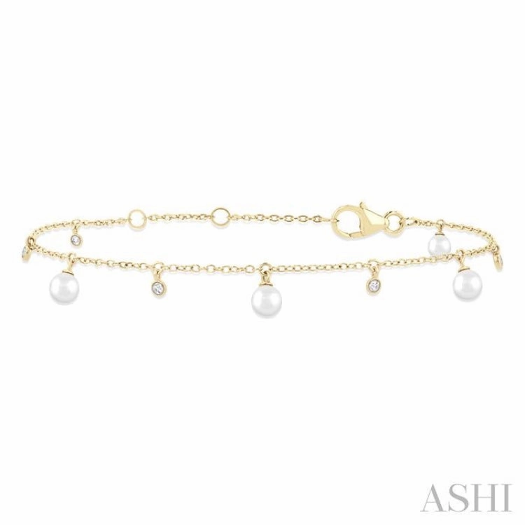 Basic Perspective 3 MM Round Shape Cultured Pearl and 1/20 Ctw Round Cut Diamond Station Bracelet in 14K Yellow Gold
