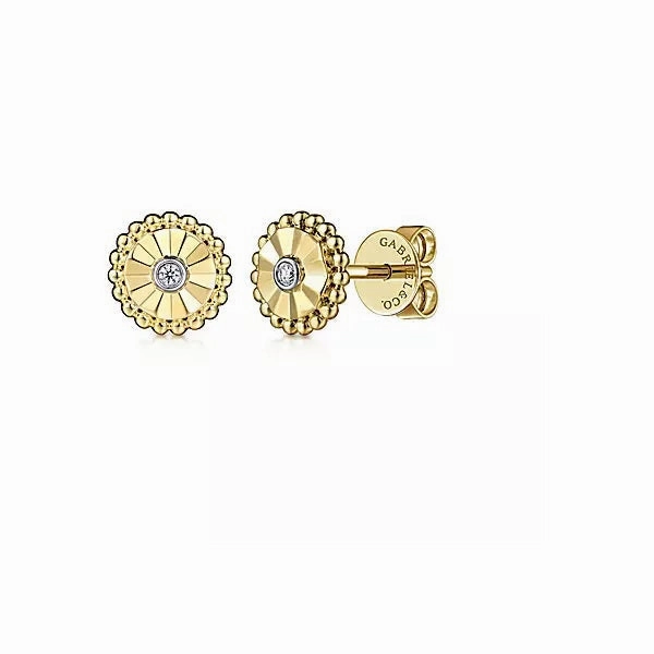 14K Yellow-White Gold  .02cttw Bezel Set in White Gold Diamond Cut Stud Earrings Unique Bauble Artisan Crafted