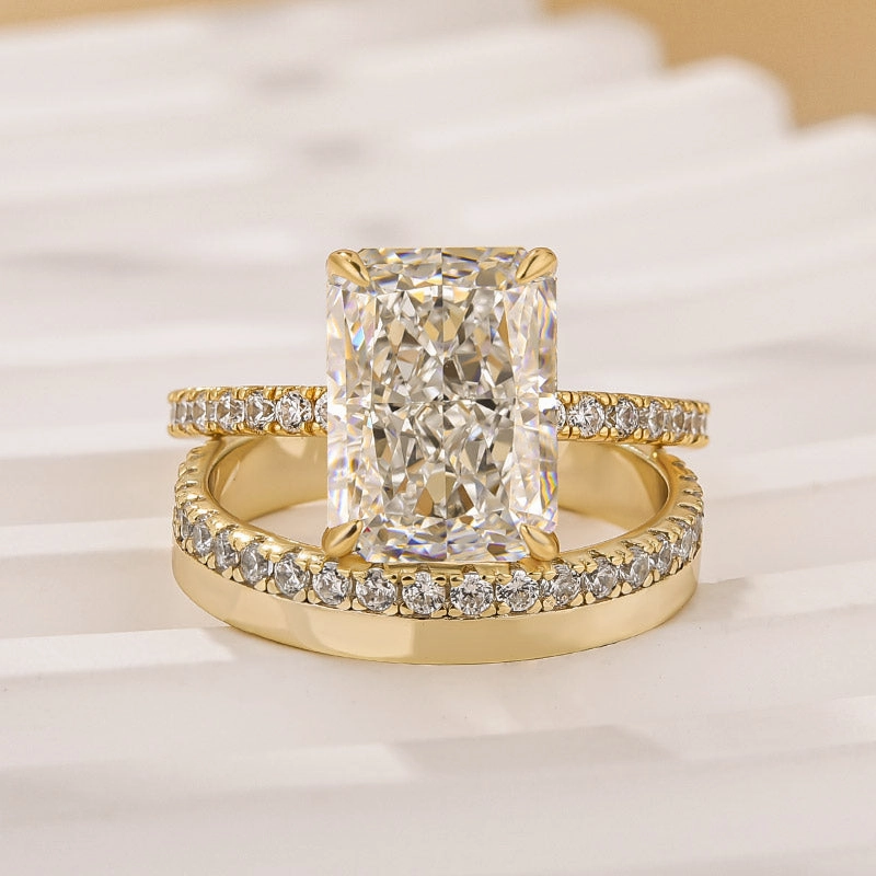 Unique Features Pretty Pair Yellow Gold 4.5Ct Radiant Cut Wedding Ring Set With Wide Wedding Band
